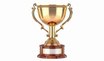 A high-quality 3D rendering of a golden trophy with ornate handles and a wooden base. The trophy has a blank plaque for custom engraving photo