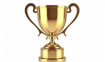 A high-quality 3D rendering of a golden trophy with ornate handles and a wooden base. The trophy has a blank plaque for custom engraving photo