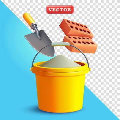 Brick shovel and Bucket filled with cement, 3d. Suitable for industrial and design elements