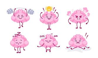 Set of cartoon brains representing mental states such as anger, relaxation, concentration, and sleepiness vector