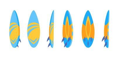 Blue and orange surfboard rotating, showing all sides of the board, isolated on white background vector