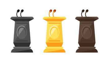 Set of three wooden podiums with microphones, ideal for presentations, conferences, and public speaking events vector