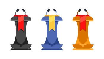 Set of three podiums with attached microphones, ready for a speaker to take the stage and address the audience vector