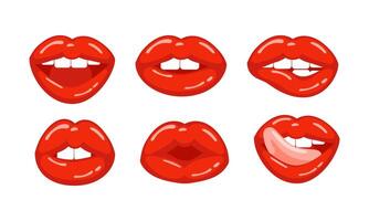 Six variations of womans red lips showing different facial expressions like speaking, smiling, surprised and showing tongue vector