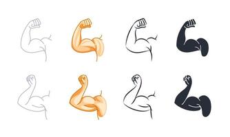 Set of strong arms showing biceps muscle, flexing powerful forearm, in cartoon, silhouette and line art style vector