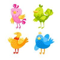 Four colorful birds standing on thin legs with wings spread wide and smiling happily vector