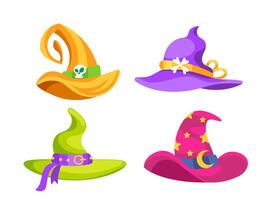 Four colorful witch hats showing halloween symbols are isolated on a white background vector