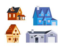 Set of colorful residential houses with garage and chimney, different architecture styles for city and village vector