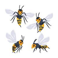 Four different cartoon style wasps flying and crawling with spread wings in different positions vector