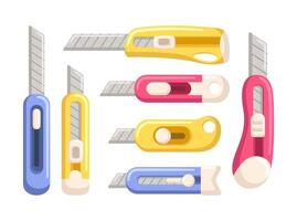 Collection of colorful utility knifes with sharp blades for cutting paper, cardboard and thin plastic materials isolated on white background vector
