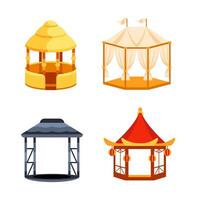 Four colorful illustrations depicting different gazebo styles, ideal for representing outdoor relaxation, garden design, or architectural diversity vector