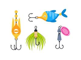Different types and shapes of fishing lures with sharp hooks, for catching fish in freshwater or saltwater vector