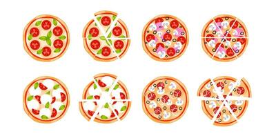 Top view of a set of delicious pizzas with various toppings, both whole and sliced into eight slices vector
