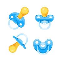 Four different baby pacifiers with blue silicone nipple and yellow handle, lying in various positions vector