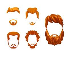 Set of ginger and red hair and beards for cartoon character customization featuring different trendy haircuts vector
