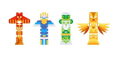 Four colorful totem poles are standing on a white background, representing the rich history and traditions of native american culture vector