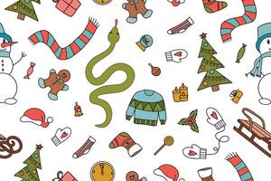 Seamless pattern of New Year elements and snake symbol of 2025. vector