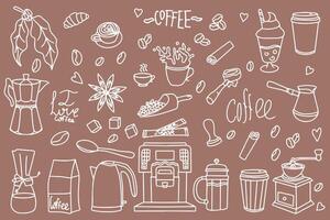 Set of hand drawn coffee designs drinks, snacks and coffee utensils in doodle style. outline of hand drawn vector