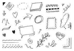 hand drawn set element,black on white background.heart,light,king,emphasis,swirl,flower,speech bubble,arrow,for concept design. vector