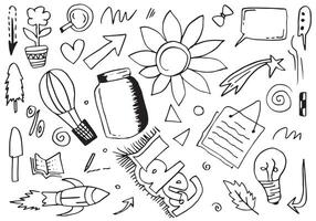 Hand drawn doodle design elements, black on white background. wind, swoops, emphasis, Arrow, cloud, line, leaf. doodle sketch design elements vector