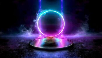 Rays of neon light in the dark, neon figures, smoke. Background of empty stage show. Abstract dark background. . photo