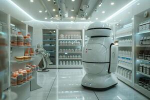 Drug dispensing robot instead of staff. Artificial intelligence concept. . photo