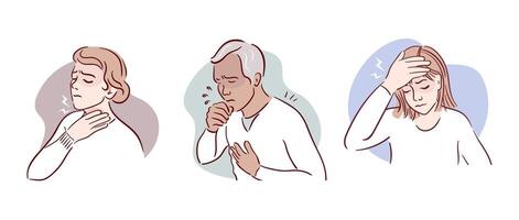 Cold symptoms. Cough, sore throat, headache, fever. Expressive depiction that convey themes of stress and discomfort through artful design. Hand drawn, sketch style. Health problems. vector