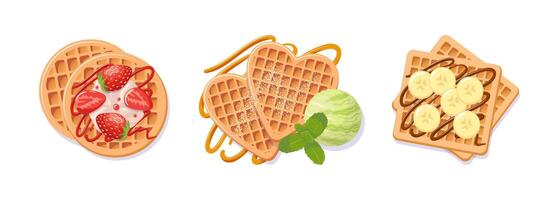 Indulge in an array of delightful waffles generously topped with fresh strawberries, bananas, creamy ice cream and delicious toppings. food illustration for cafe, menu, sticker, poster, design vector