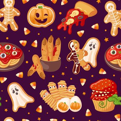 Seamless pattern Halloween Treats and Ghosts full of colorful and cheerful designs. Pasta with eyes. Skeleton Gingerbread. mummy sausages. pizza slice with skull.