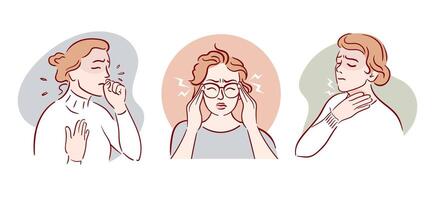 Cold symptoms. Cough, sore throat, headache, fever. Expressive depiction that convey themes of stress and discomfort through artful design. Hand drawn, sketch style. Health problems. vector
