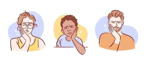 Set of people with toothache. Emotional manifestations of discomfort and pain in different age and ethnic groups. Hand drawn illustration in sketch style. Health problems. Medical brochure template. vector