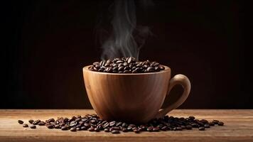 wooden cup with coffee beans on the table photo