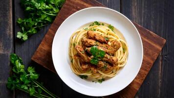 pasta and bacon on a plate on a wooden background photo