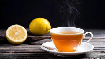 cup of tea and lemon on a wooden table photo