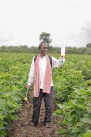 Indian farmer working on farm field, spraying fertilizer on soil and plants. photo