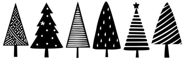Black and white graphic Christmas trees with various patterns, doodle set vector