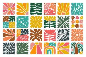Abstract floral and botanical patterns in colorful squares, boho matisse illustration vector