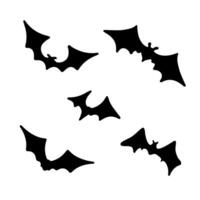 Flying bat with wings doodle set on a white background. Collection of silhouettes of flying animal bats in rows, elements of the Halloween holiday, mysticism. vector