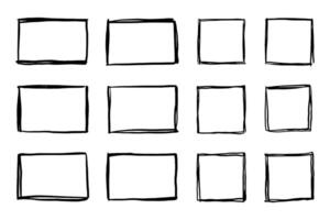 Squares, rectangle, grunge set in sketch style on white background. Black outline frame in hand drawn style vector