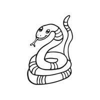 A black and white illustration of a happy snake coiled up with friendly expression. This image is ideal for educational content, children's books, or as coloring activity for kids learning reptiles vector