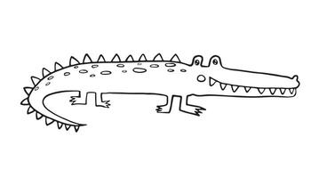Playful black and white outline of a crocodile with visible spikes along its back. This friendly-looking crocodile is ideal for children's coloring books, educational materials, jungle-themed design vector