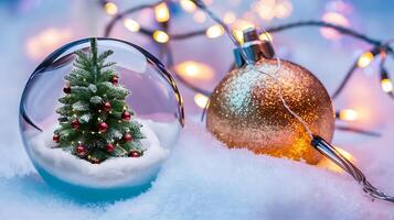 A Christmas glass ball featuring a tree inside, set against a winter background adorned with glittering lights. photo