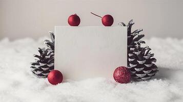 christmas blank greeting card mockup with small red and gray pine cones snowy simple background photo