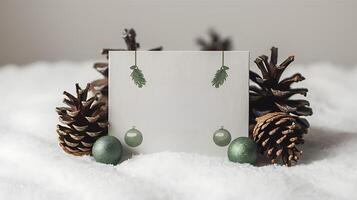 christmas blank greeting card mockup with small red and gray pine cones snowy simple background photo