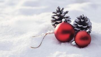 christmas blank greeting card mockup with small red and gray pine cones snowy simple background photo