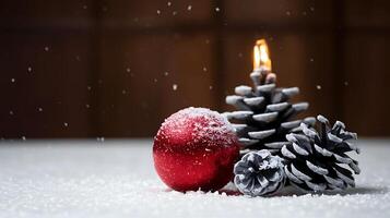 christmas blank greeting card mockup with small red and gray pine cones snowy simple background photo