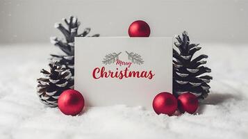 christmas blank greeting card mockup with small red and gray pine cones snowy simple background photo