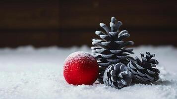 christmas blank greeting card mockup with small red and gray pine cones snowy simple background photo