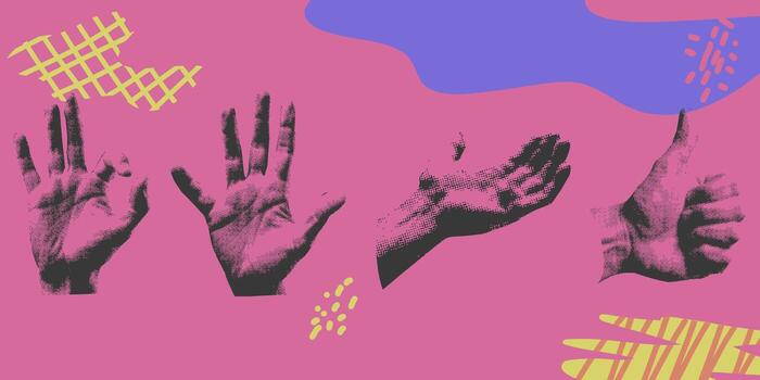 Set of half tone hand gestures with abstract elements. Abstract Grunge style. vector