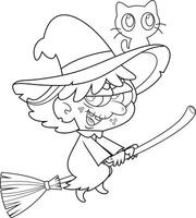Outlined Ugly Halloween Witch Cartoon Character Flying On A Broom Stick And The Black Cat In The Hat vector